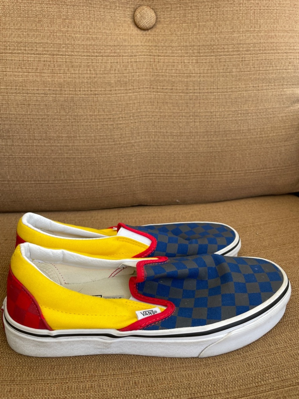 Vans Women’s Unisex Slip-On Checkerboard Sneakers in Blue, Yellow & Red
